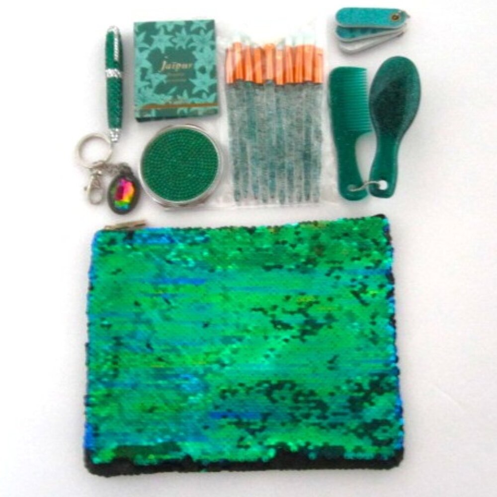 Sequin Bag with 8 purse accessories NEW GREEN